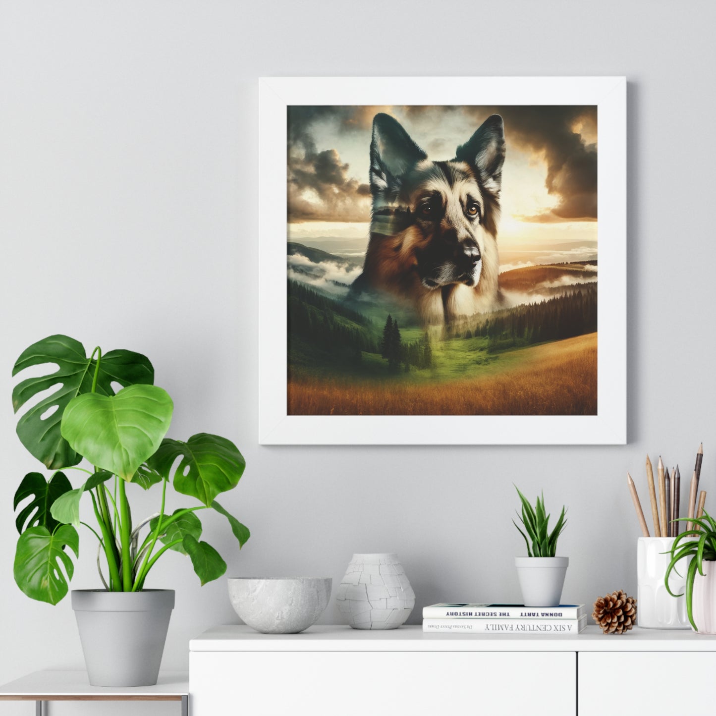 Romanticism and double exposure German Shepherd Framed Poster Painting 16x16