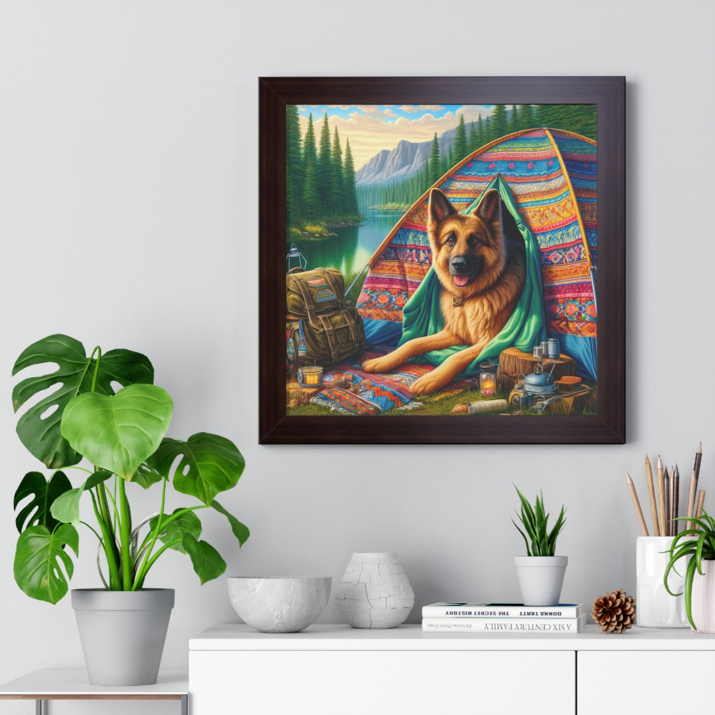 German Shepherd Camping  Framed Poster Painting 16x16