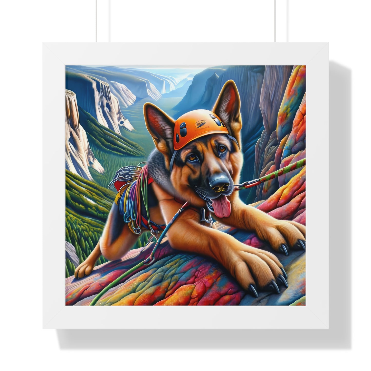 German Shepherd Rock climbing Framed Poster Painting 16x16