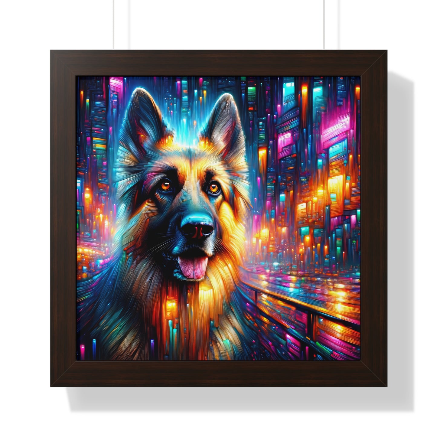 Neon light German Shepherd Framed Poster Painting 16x16