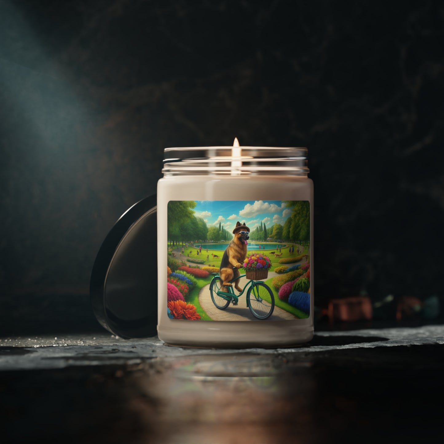 German Shepherd Riding a Bicycle Scented Soy Candle, 9oz