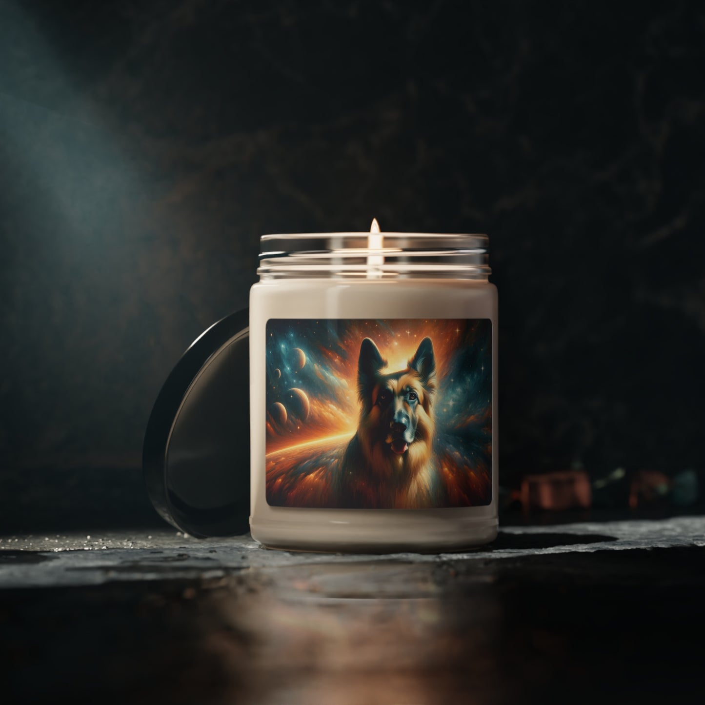 Sci-fi and stars-themed German Shepherd Scented Soy Candle, 9oz