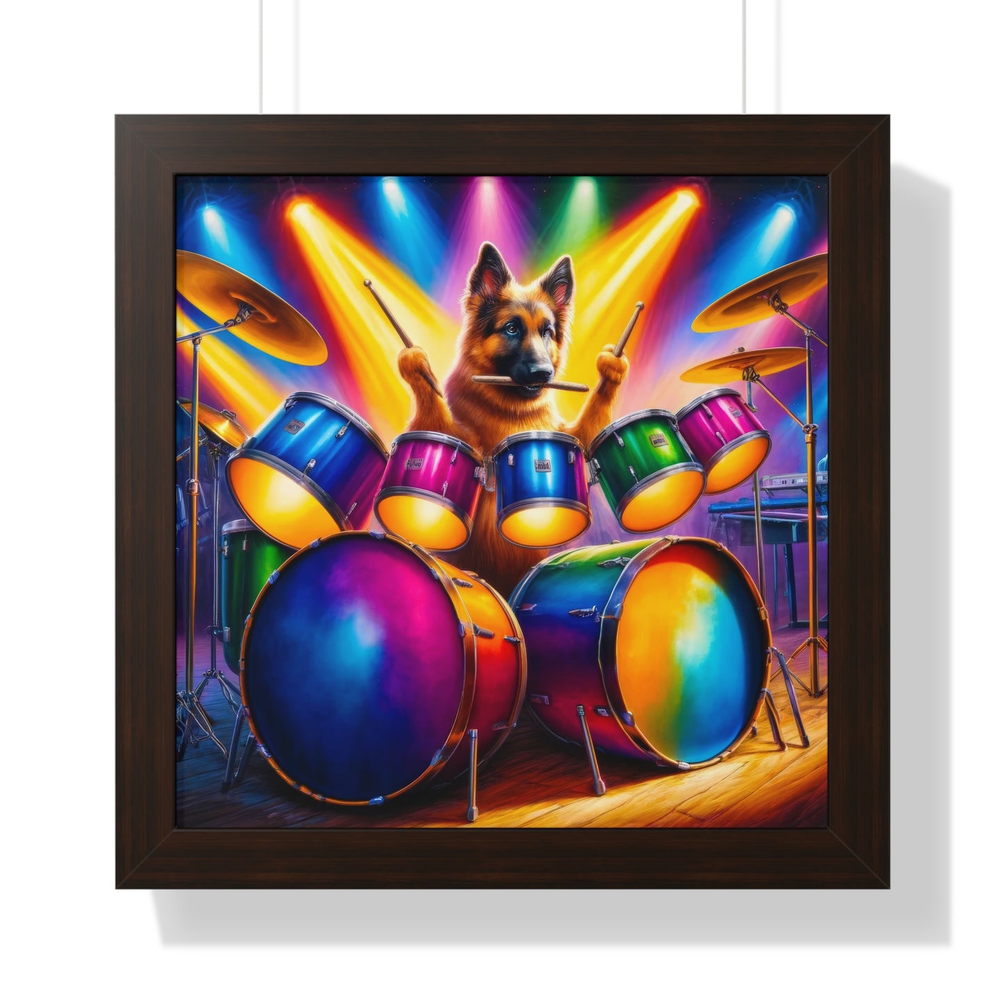 German Shepherd Playing Drums Framed Poster Painting 16x16