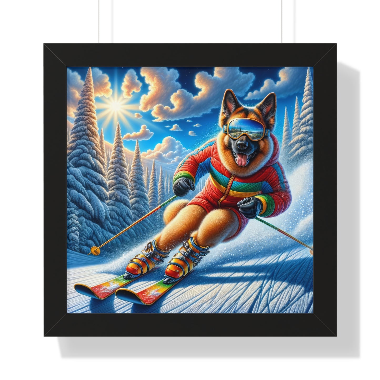 German Shepherd Skiing Framed Poster Painting 16x16