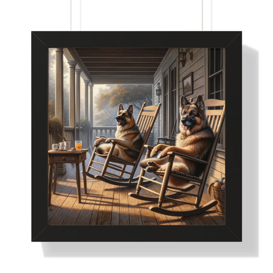 German Shepherds on the Porch Framed Poster Painting 16x16