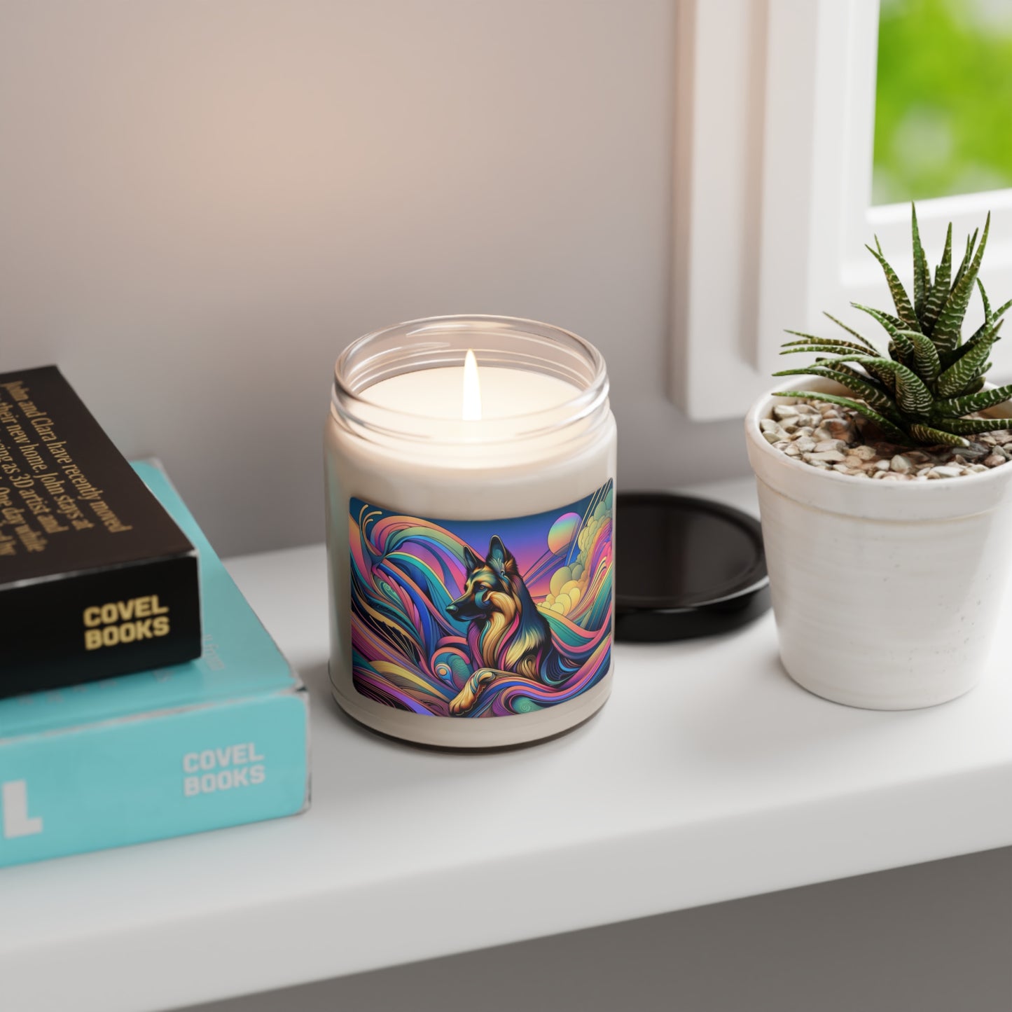 Art nouveau and vaporwave German Shepherd Scented Soy Candle, 9oz