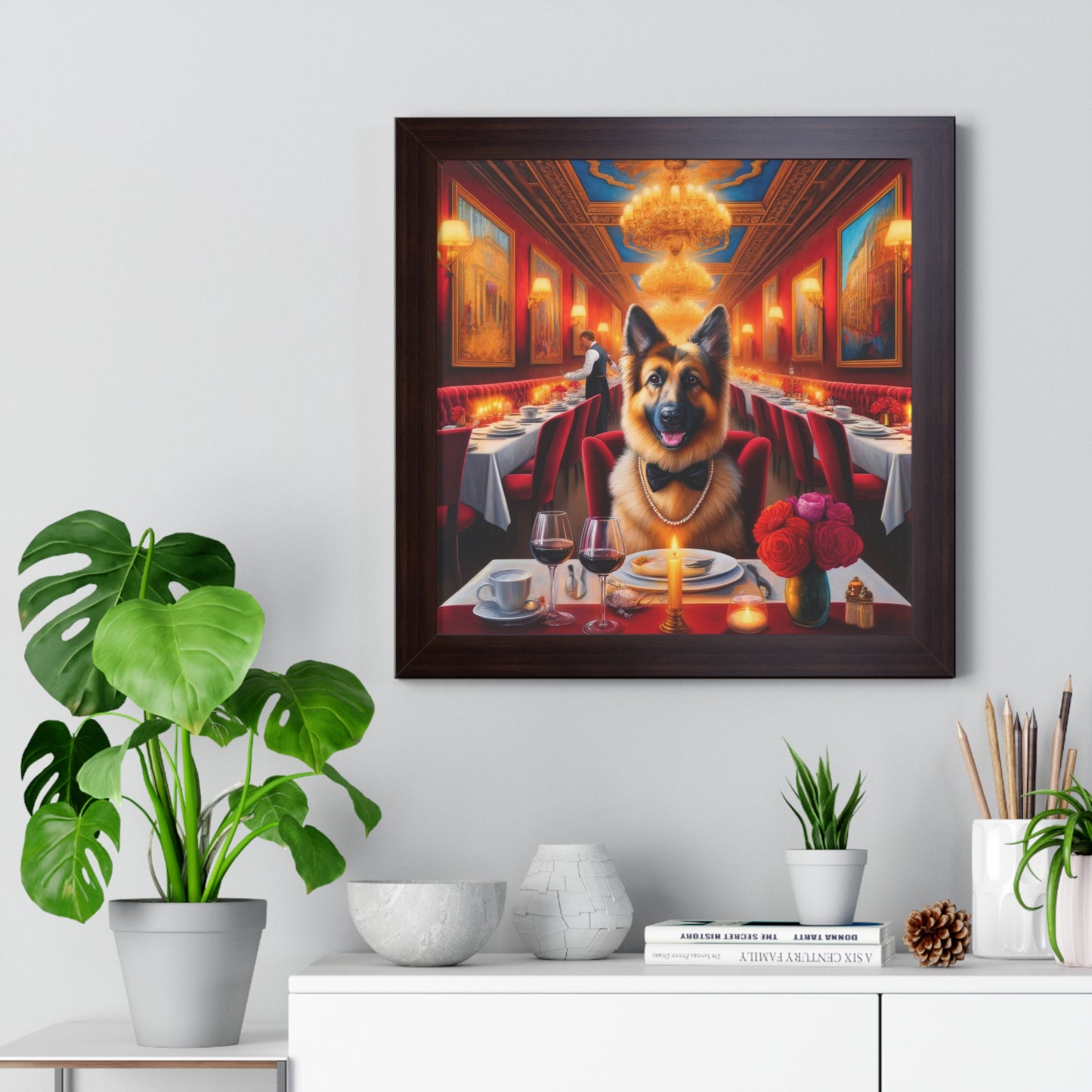 German Shepherd Eating at Restaurant Framed Poster Painting 16x16