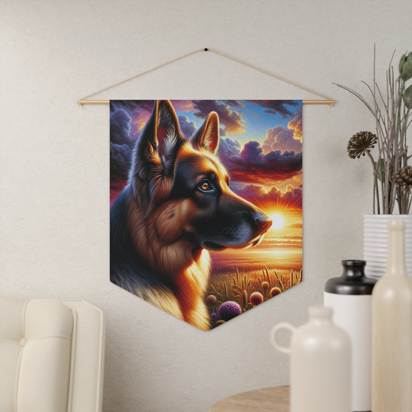 German Shepherd Watching a sunset Pennant