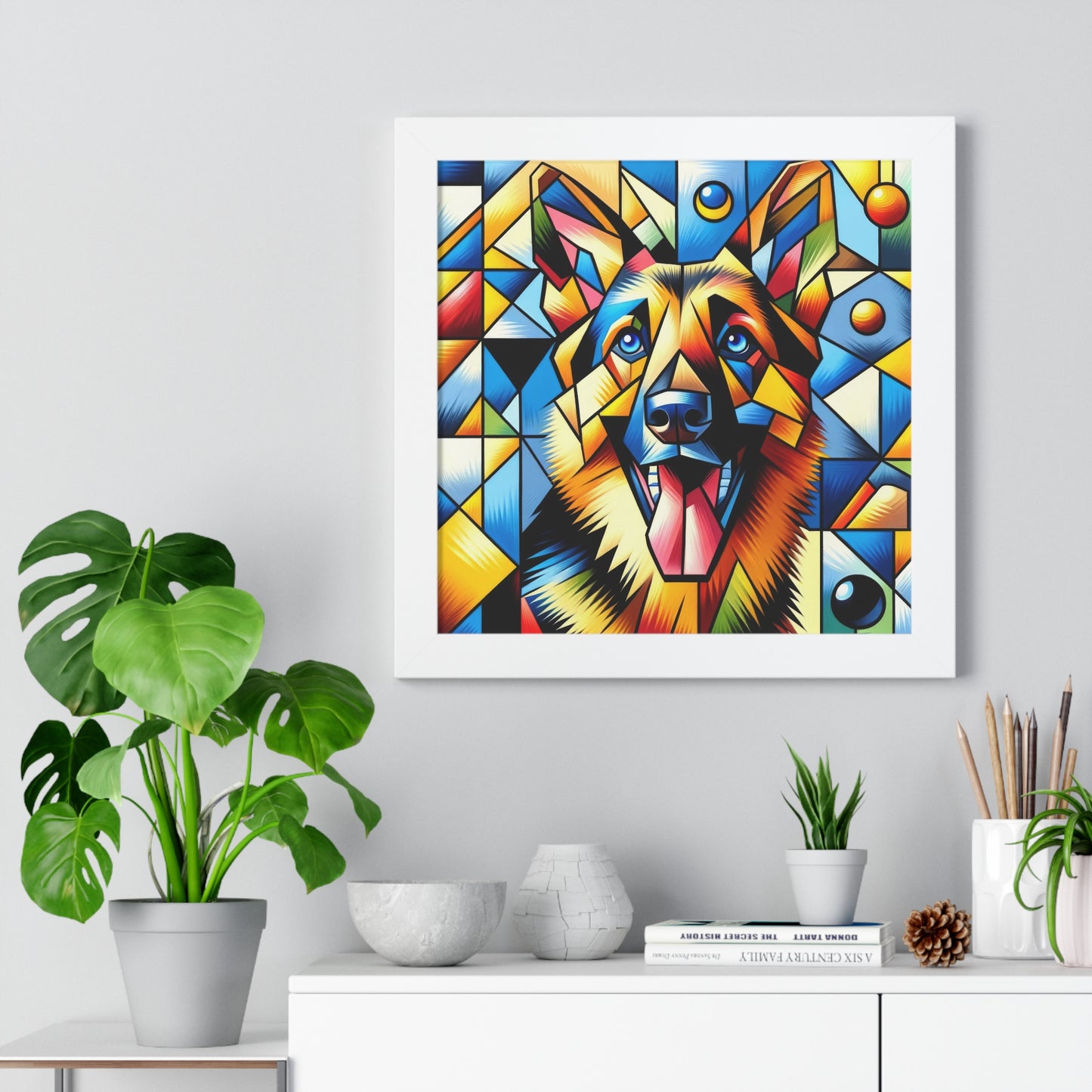 German Shepherd in Cubism Framed Poster Painting 16x16