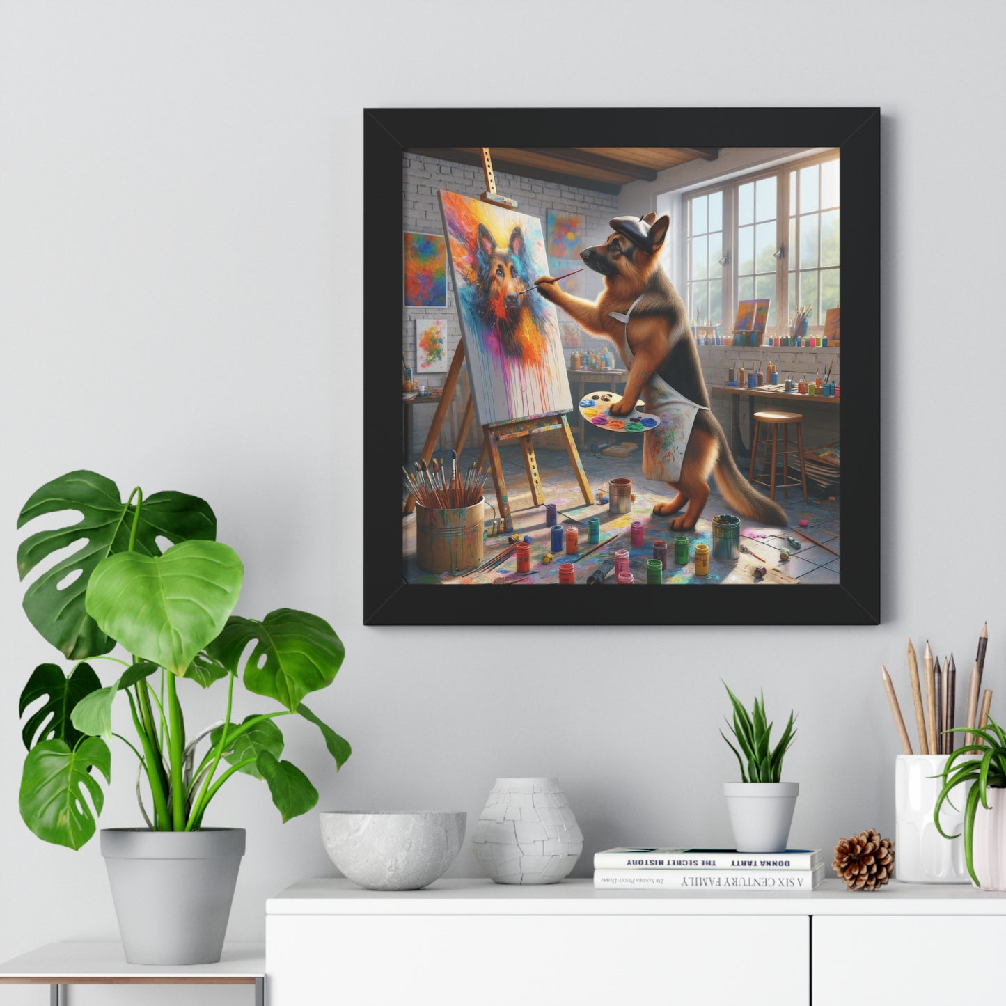 German Shepherd Painting on a Framed Poster Painting 16x16