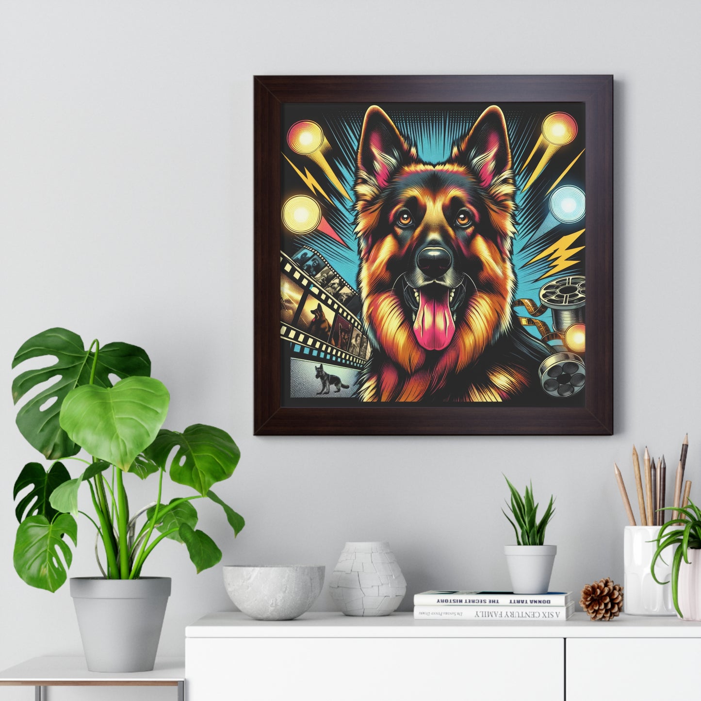 Comic book style German Shepherd Framed Poster Painting 16x16