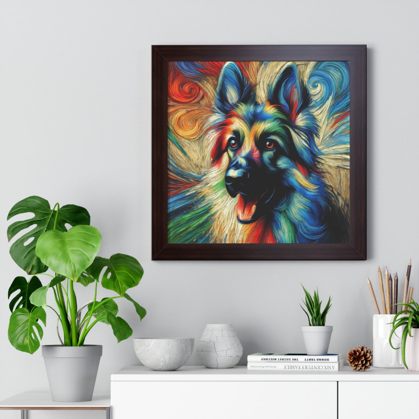 Fauvism scratchboard technique German Shepherd Framed Poster Painting 16x16