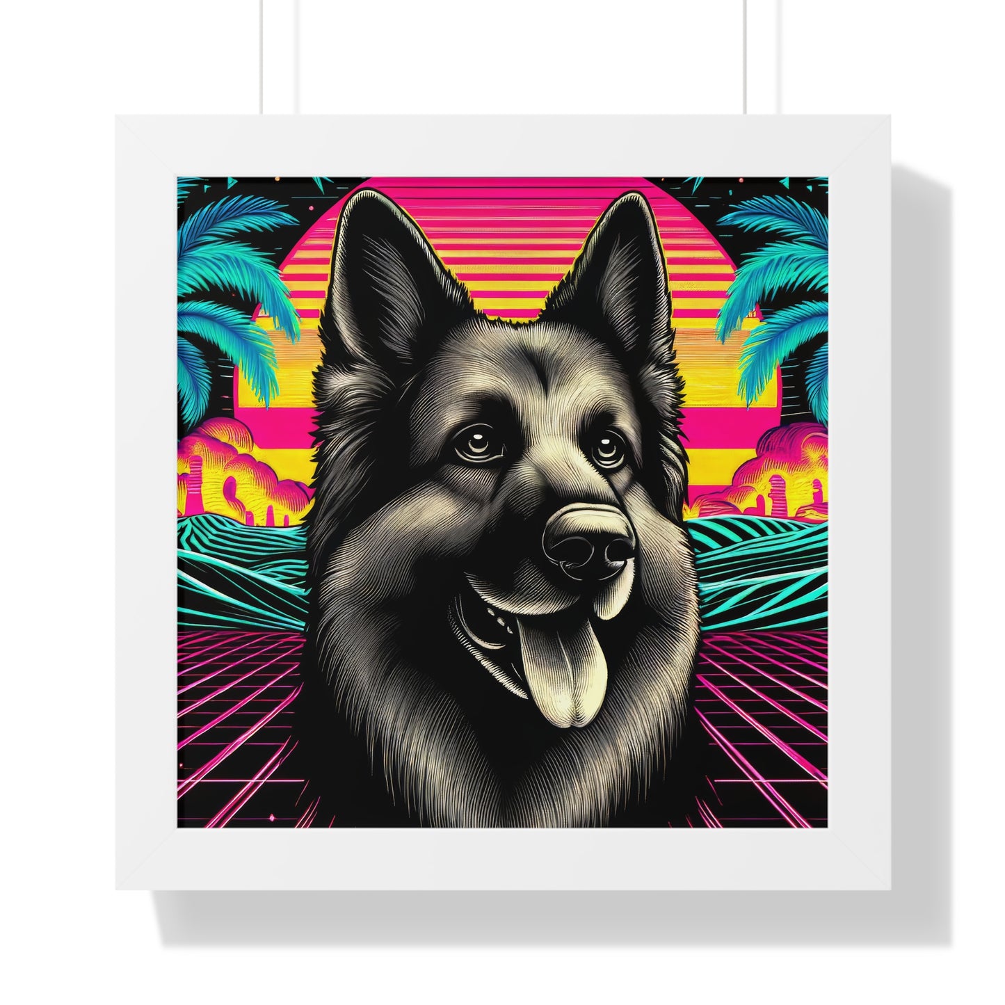 Scratchboard and vaporwave German Shepherd Framed Poster Painting 16x16