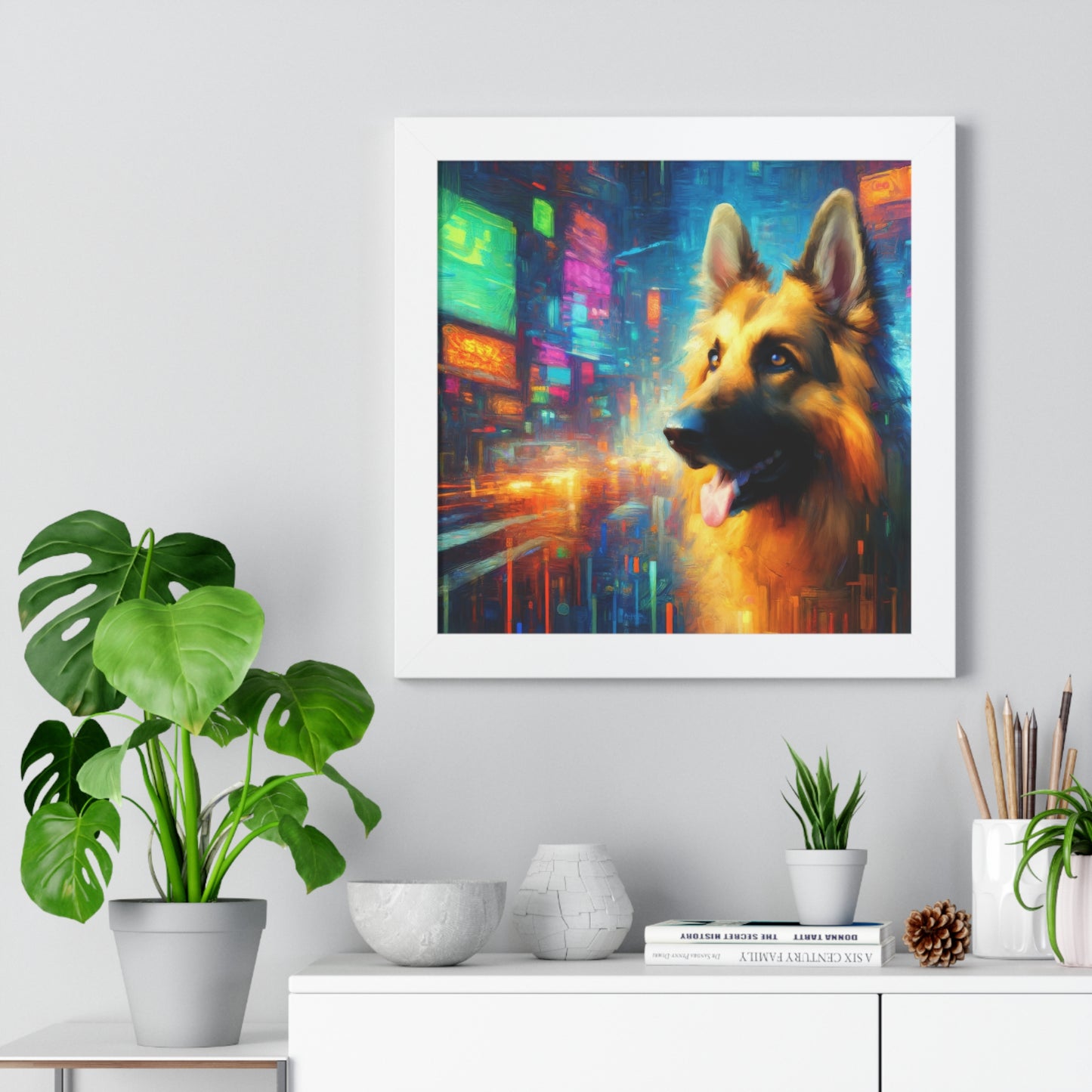 Impressionism meets cyberpunk German Shepherd Framed Poster Painting 16x16