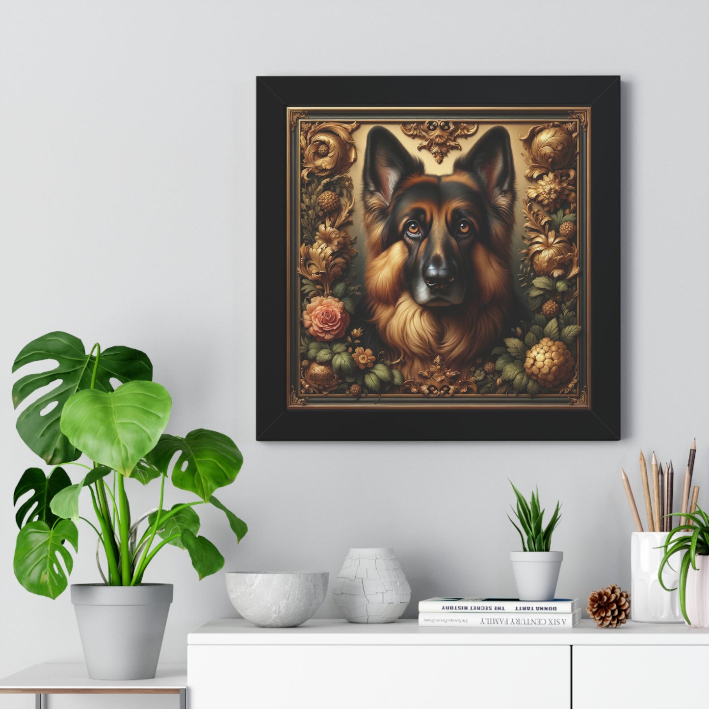 Baroque-inspired German Shepherd Framed Poster Painting 16x16