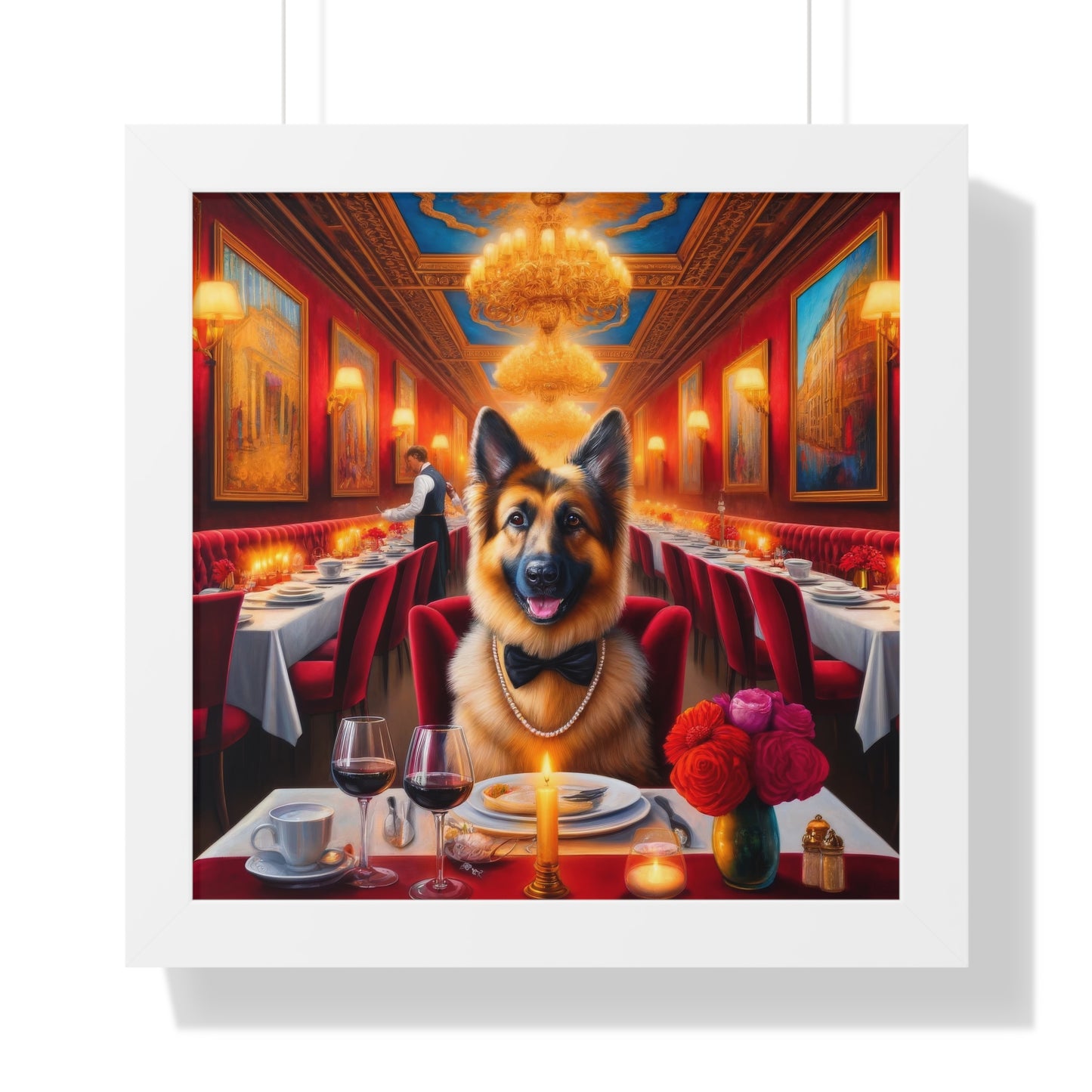 German Shepherd Eating at Restaurant Framed Poster Painting 16x16