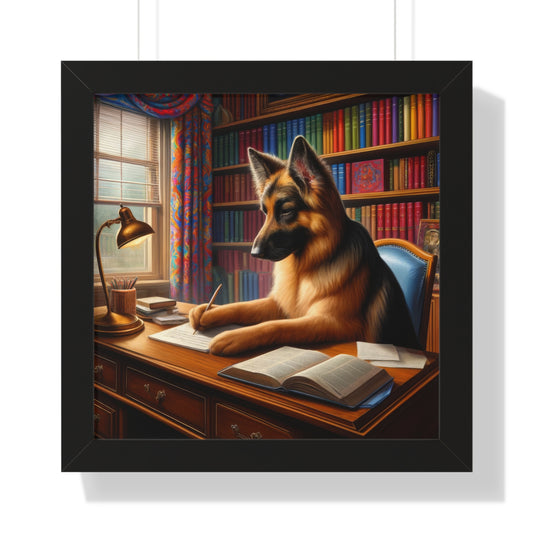 German Shepherd Writing a book Framed Poster Painting 16x16