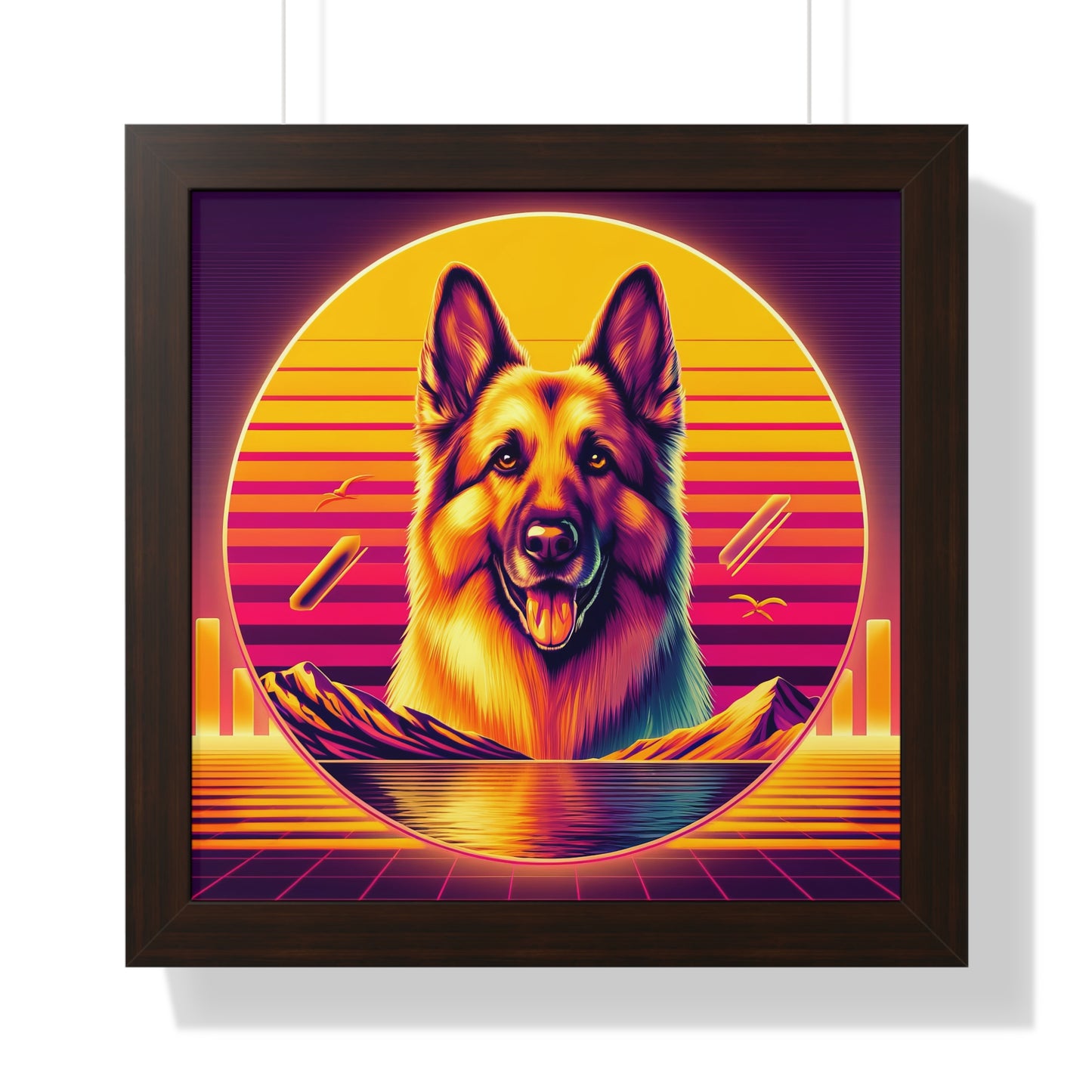 Vaporwave and golden hour German Shepherd Framed Poster Painting 16x16