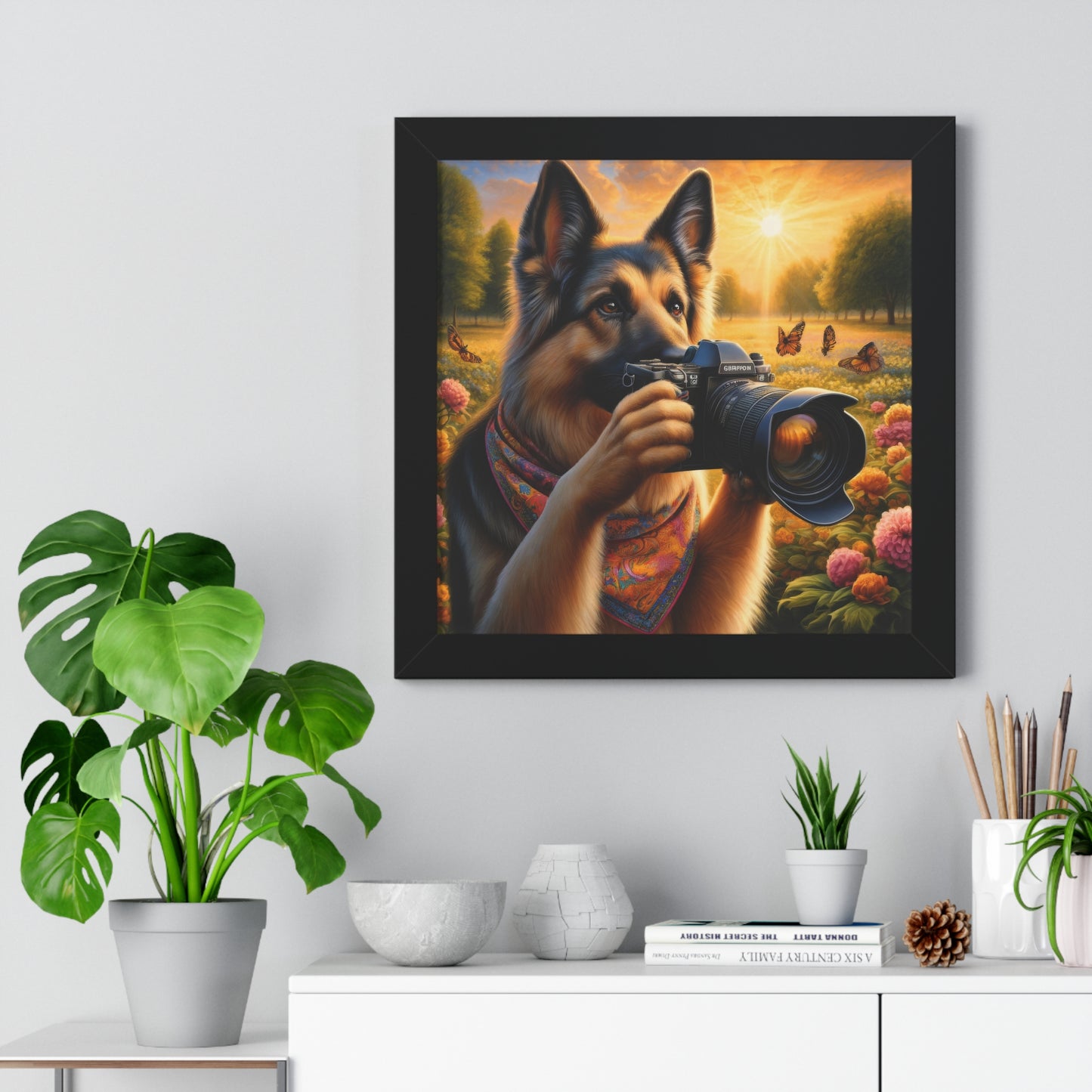 German Shepherd Taking photographs Framed Poster Painting 16x16