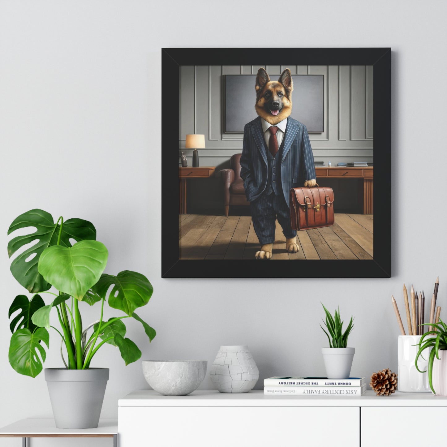 German Shepherd Wearing a Business Suit Framed Poster Painting 16x16