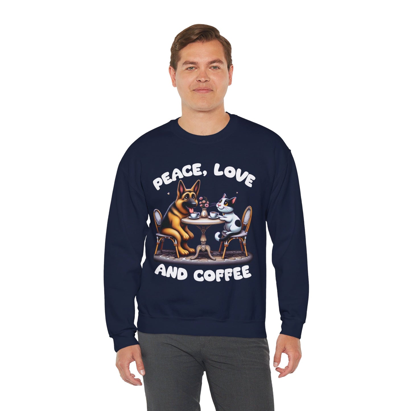 Peace, Love, and Coffee Sweatshirt (10 colors) (German Shepherd)