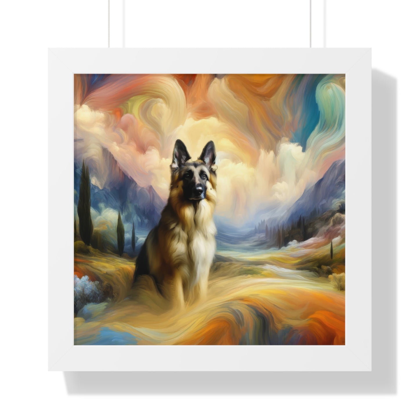 German Shepherd in an impressionist and surreal landscape Framed Poster Painting 16x16