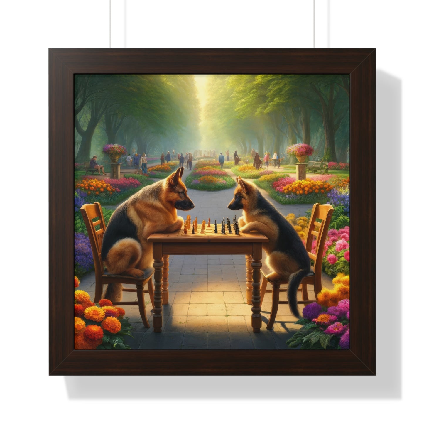 German Shepherd Playing Chess Framed Poster Painting 16x16