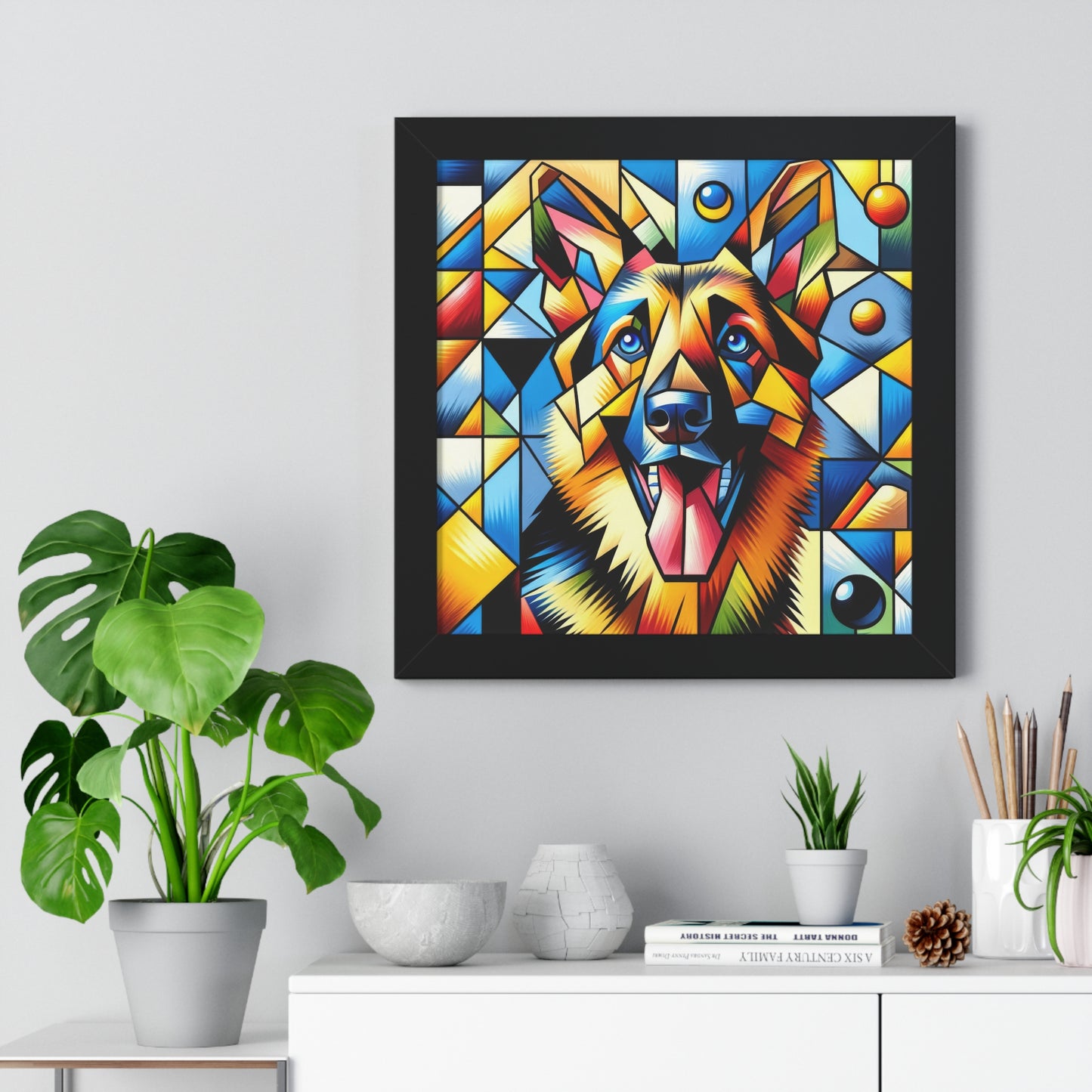 German Shepherd in Cubism Framed Poster Painting 16x16