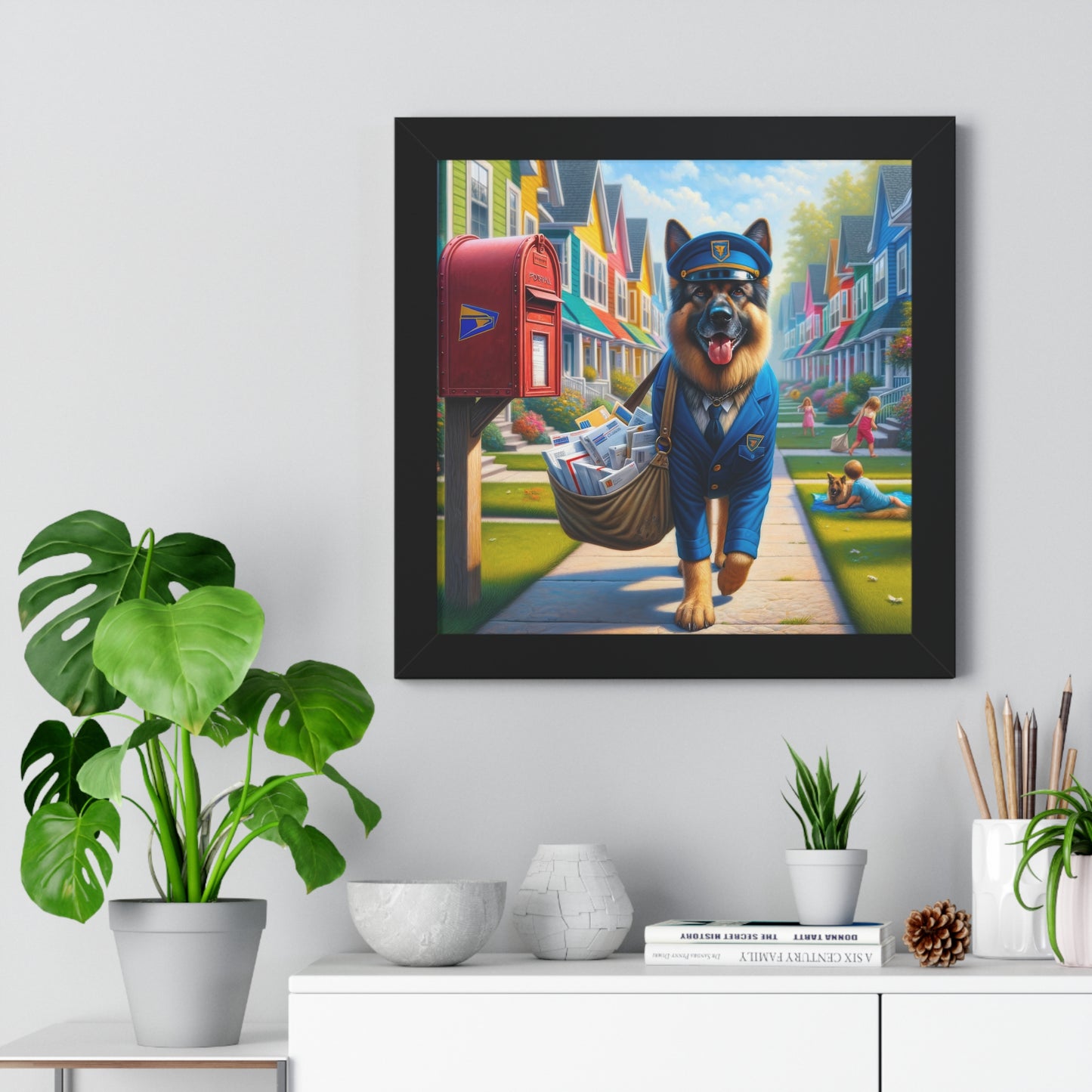 German Shepherd Delivering Mail Framed Poster Painting 16x16