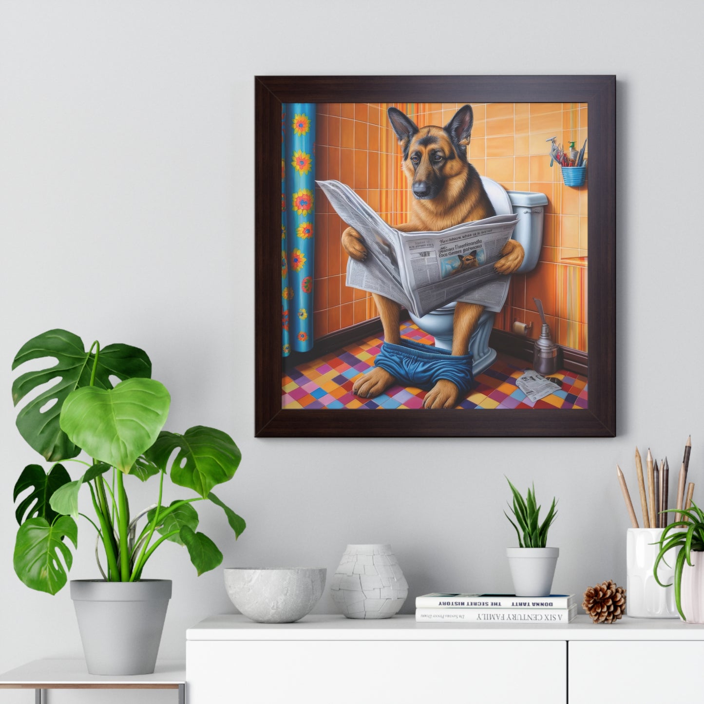 German Shepherd Using a Toilet Framed Poster Painting 16x16