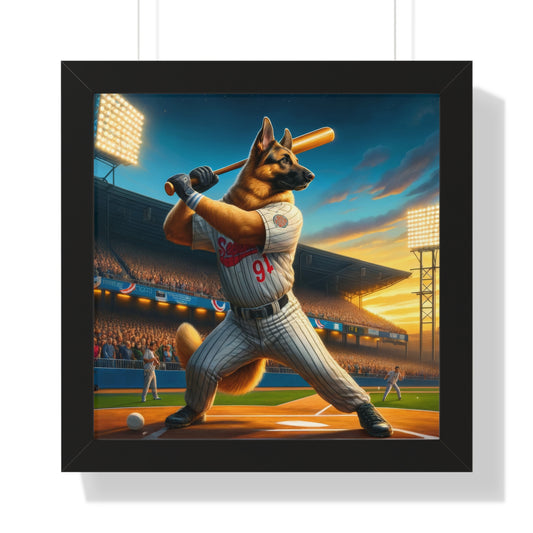 German Shepherd Playing Baseball Framed Poster Painting 16x16