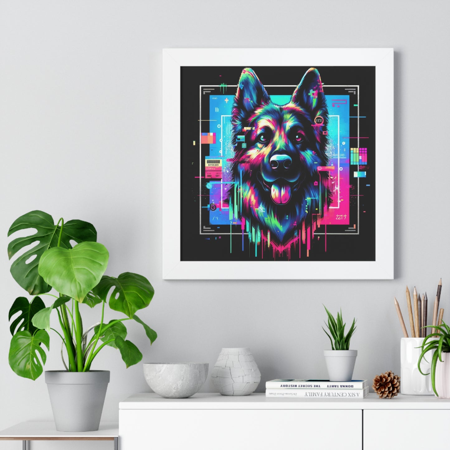 Neon graffiti German Shepherd Framed Poster Painting 16x16