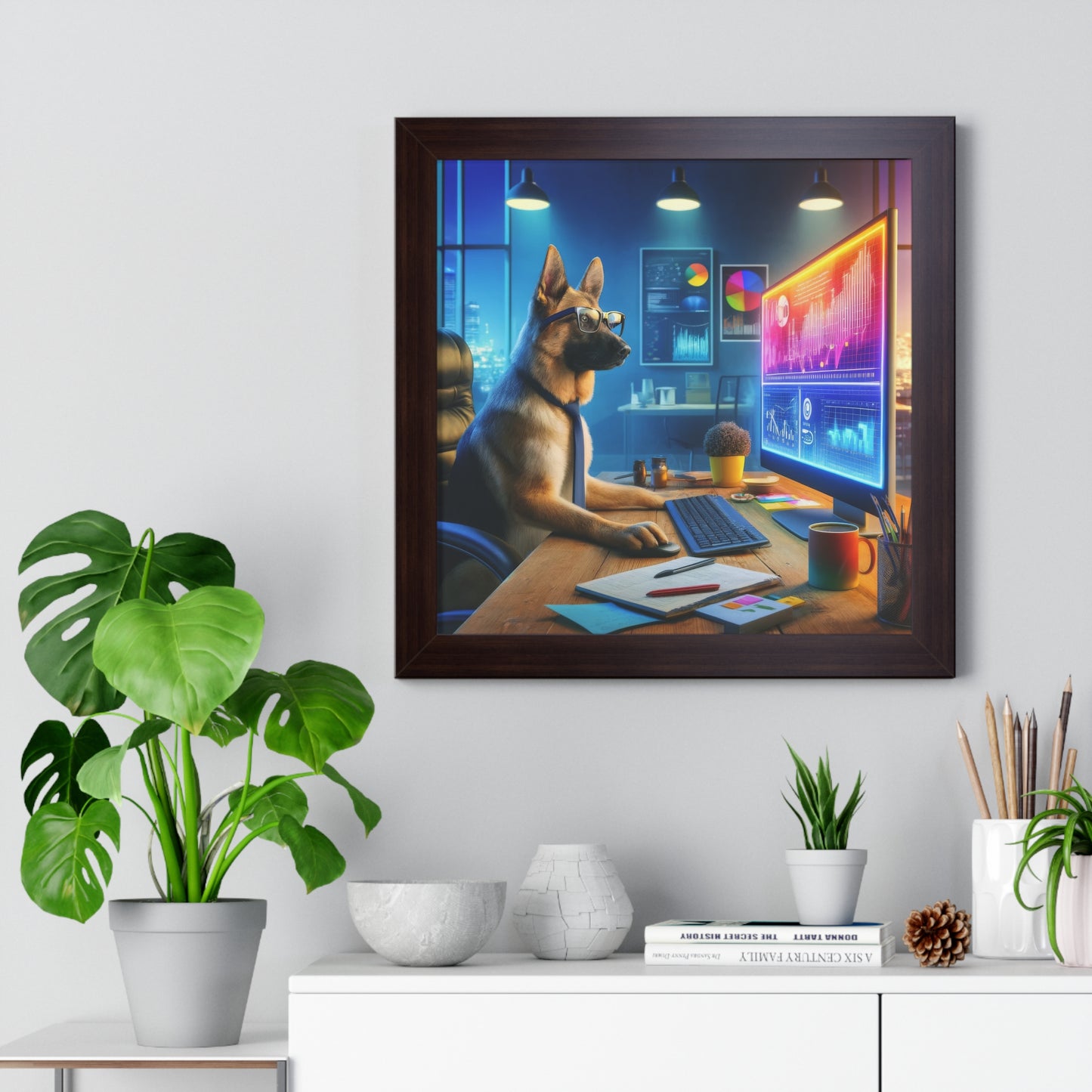 German Shepherd Working Framed Poster Painting 16x16