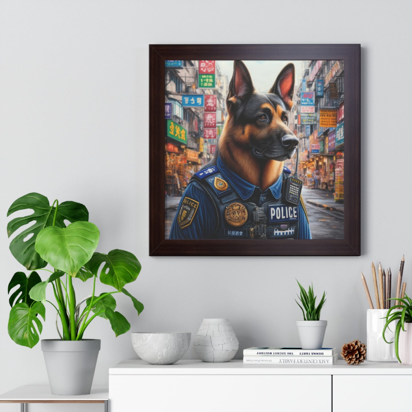 German Shepherd Police Officer Framed Poster Painting 16x16