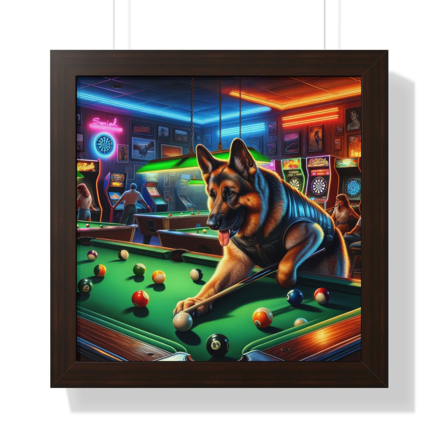 German Shepherd Playing Pool Framed Poster Painting 16x16