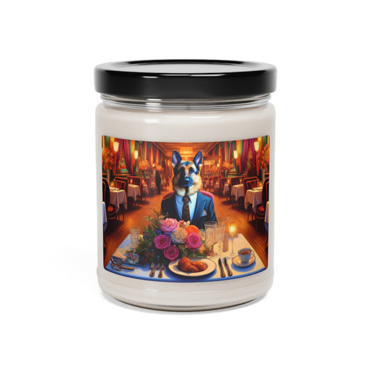 German Shepherd Eating at Restaurant Scented Soy Candle, 9oz