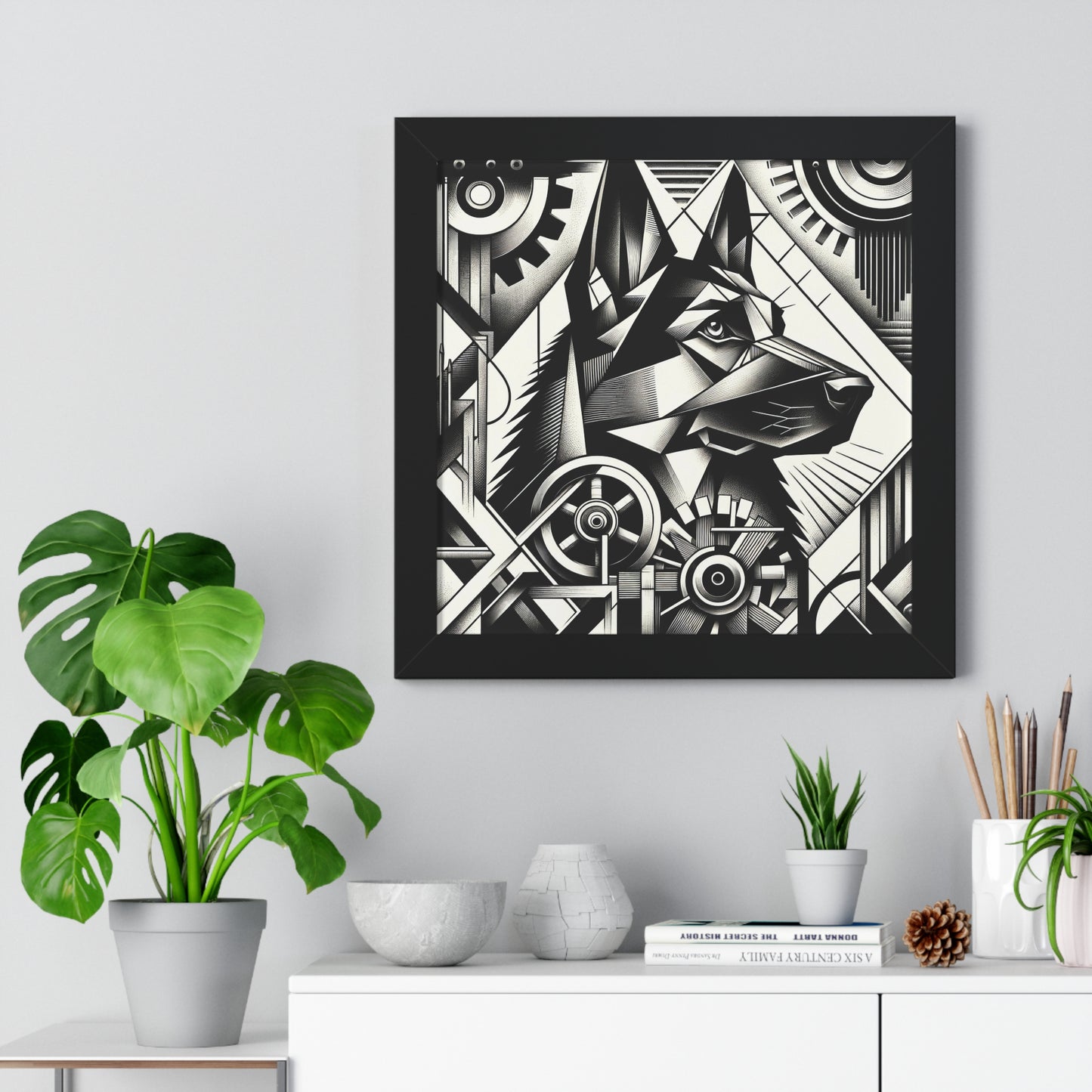 Constructivism and etching style German Shepherd Framed Poster Painting 16x16