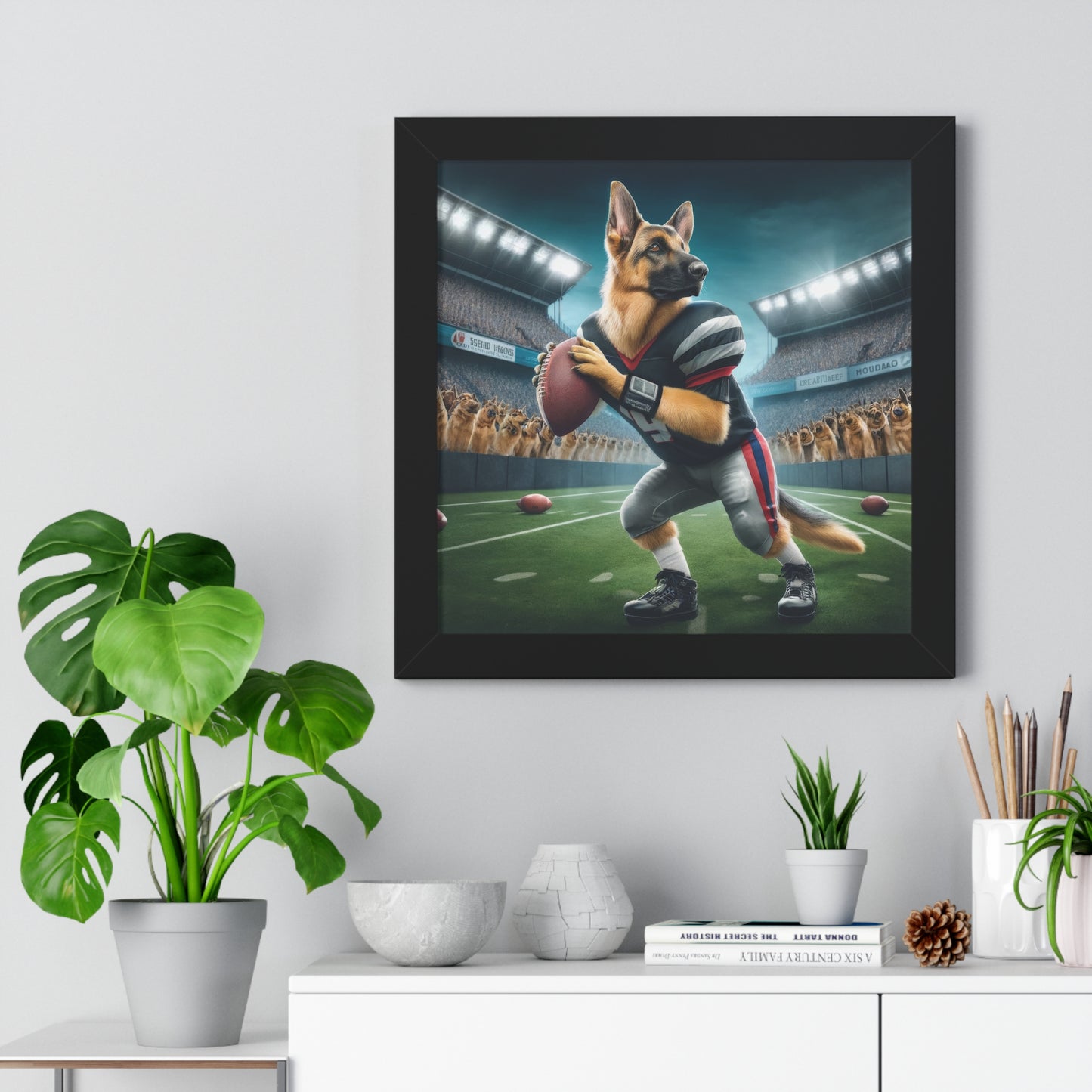 German Shepherd Playing Football Framed Poster Painting 16x16