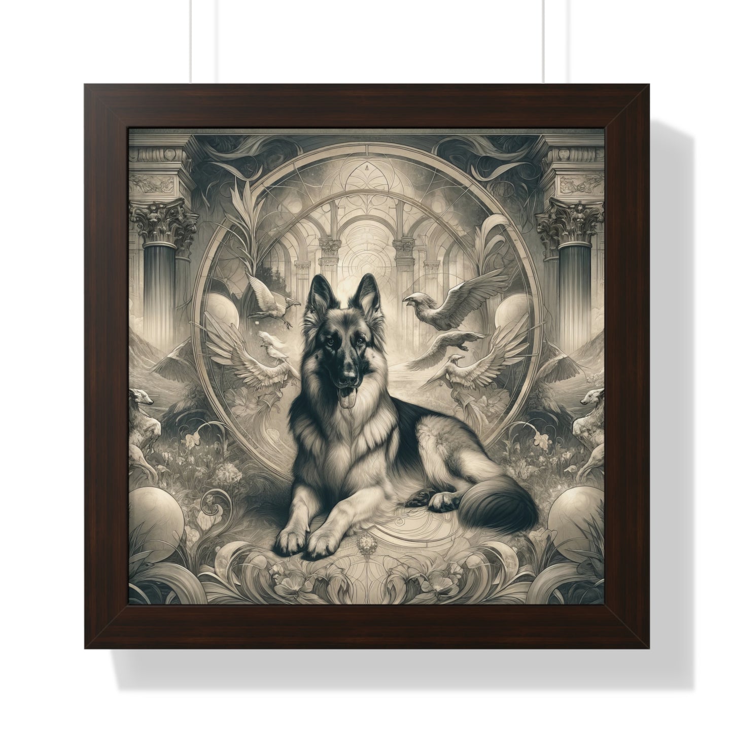 Dreamy fantasy and rococo German Shepherd Framed Poster Painting 16x16