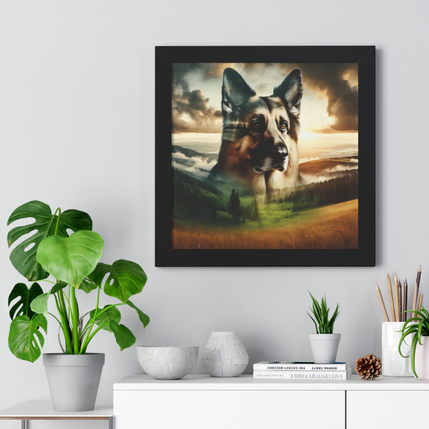 Romanticism and double exposure German Shepherd Framed Poster Painting 16x16