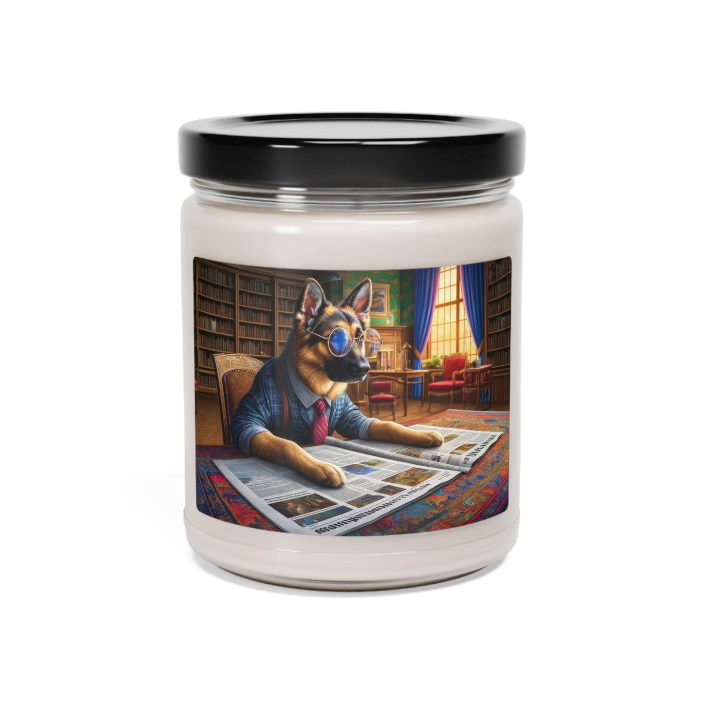 German Shepherd Reading a Newspaper Scented Soy Candle, 9oz