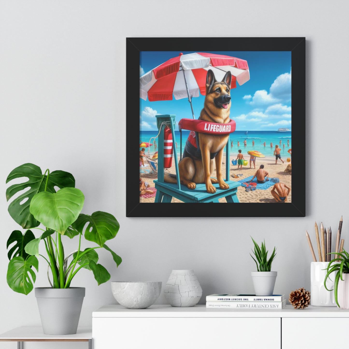 German Shepherd Lifeguard Framed Poster Painting 16x16