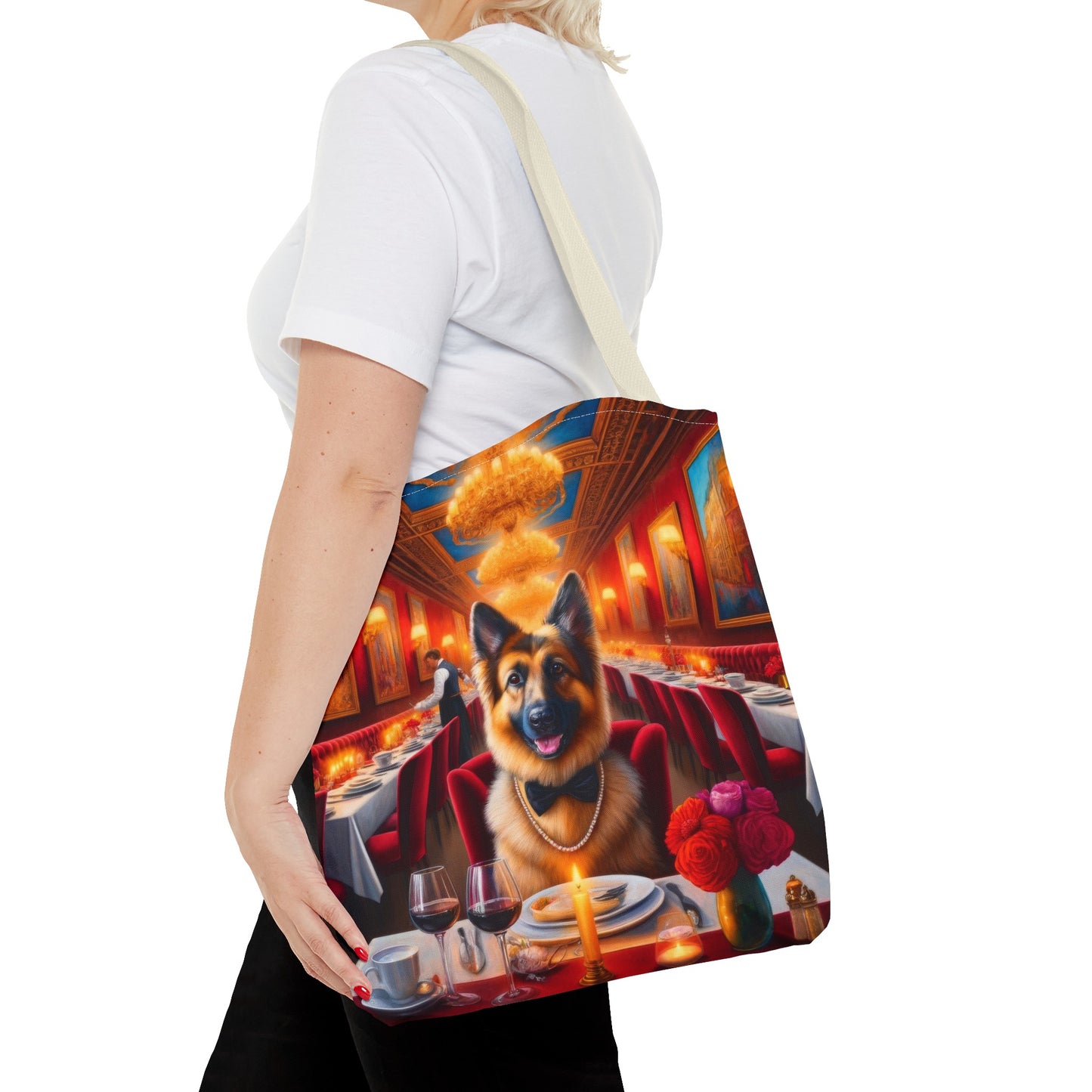 German Shepherd Eating at Restaurant Tote Bag