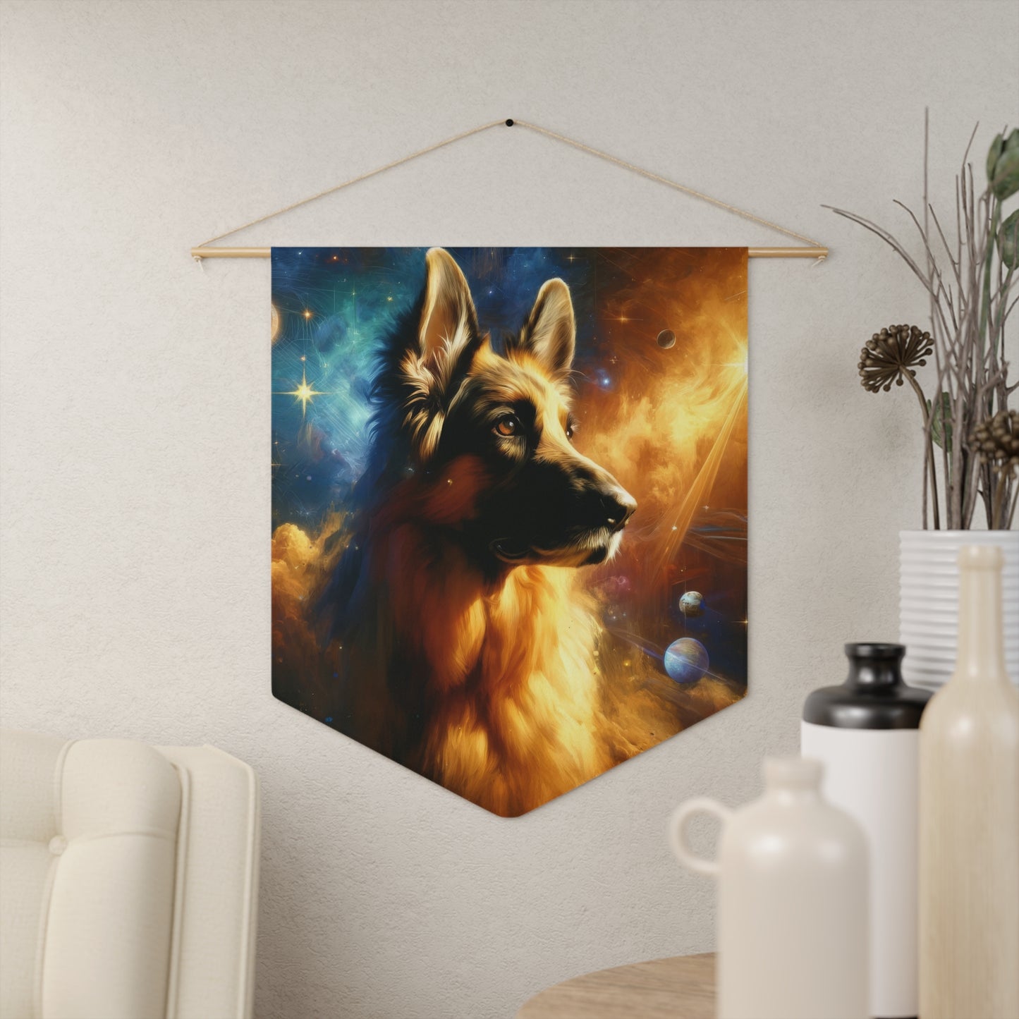 Sci-fi and stars-themed German Shepherd Pennant