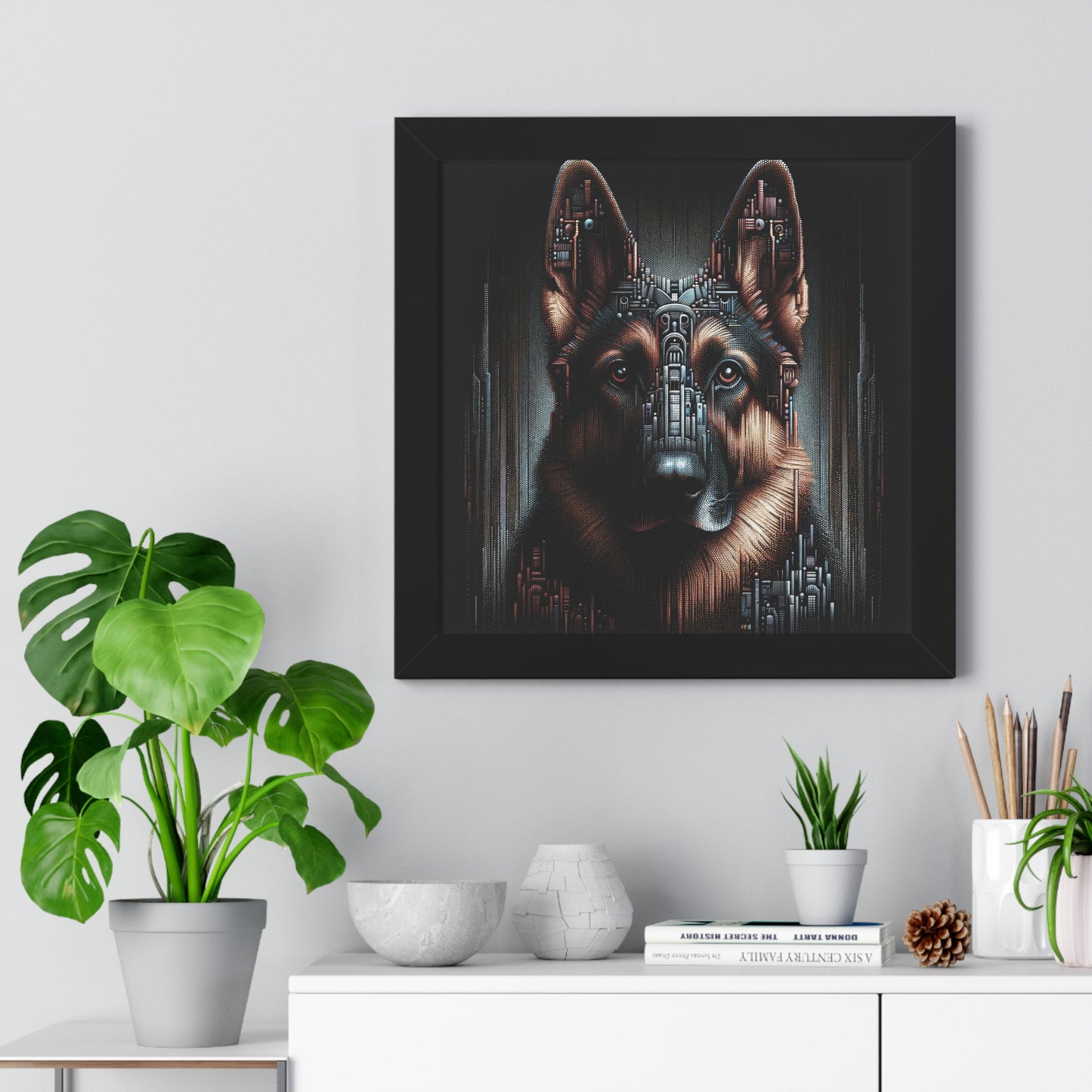 Futuristic German Shepherd Framed Poster Painting 16x16