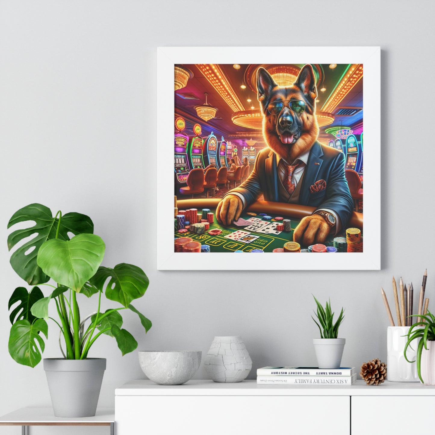 German Shepherd Playing Poker Framed Poster Painting 16x16