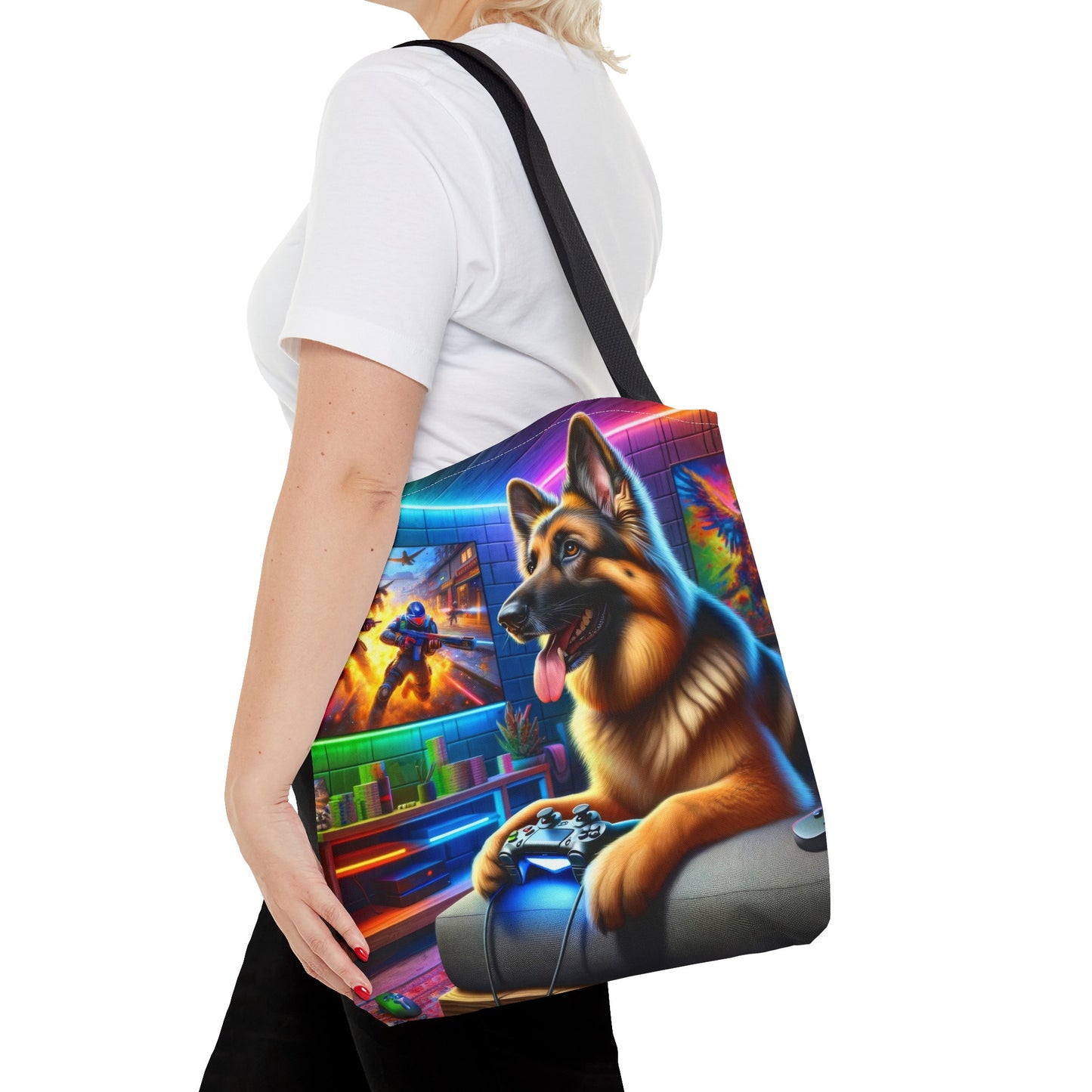 German Shepherd Playing Video Games Tote Bag