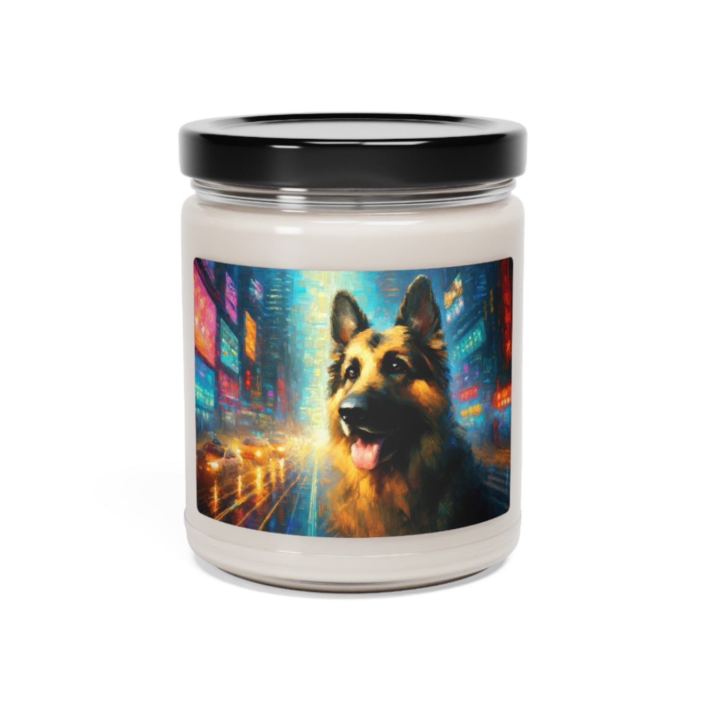 Impressionism meets cyberpunk German Shepherd Scented Soy Candle, 9oz