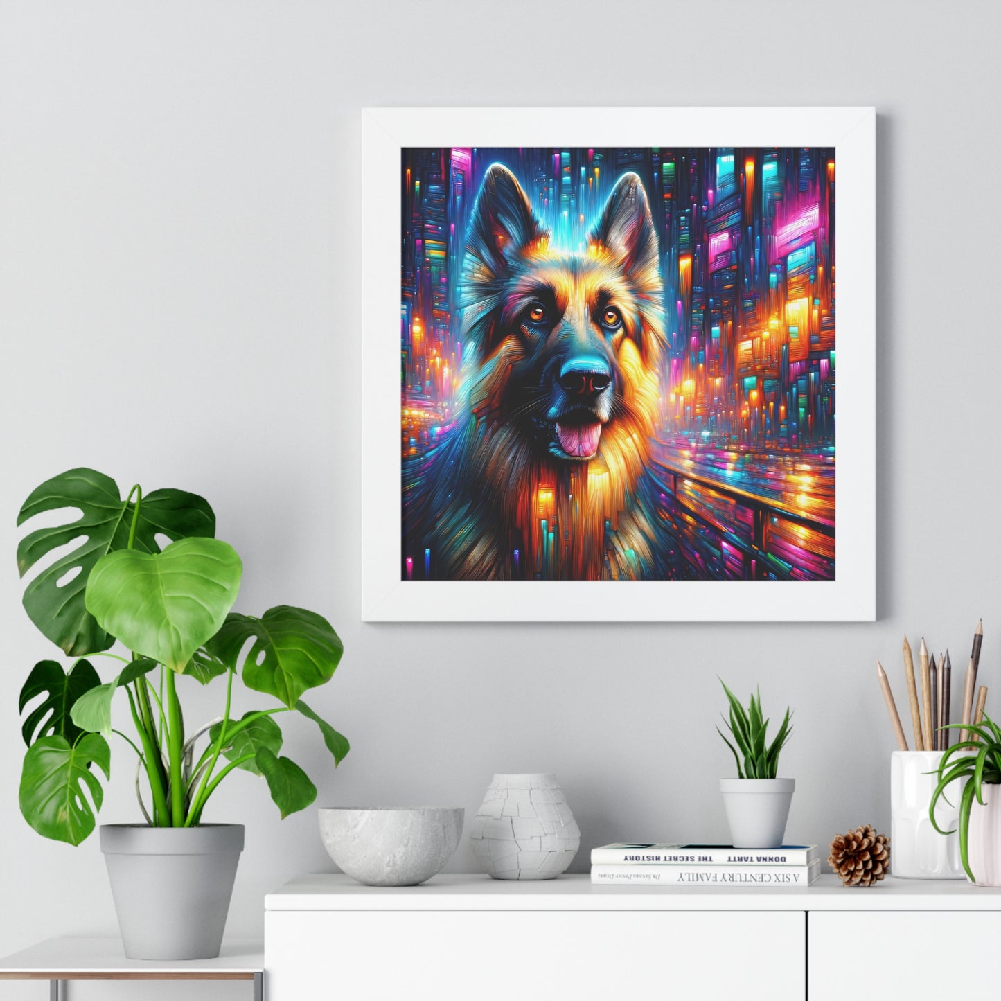 Neon light German Shepherd Framed Poster Painting 16x16