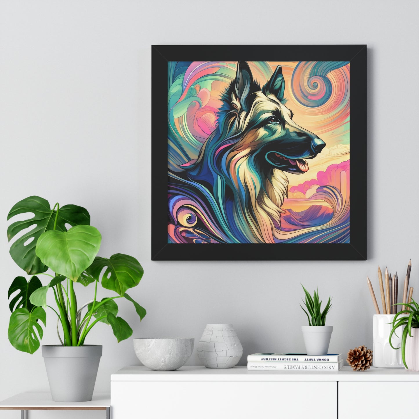 Art nouveau and vaporwave German Shepherd Framed Poster Painting 16x16